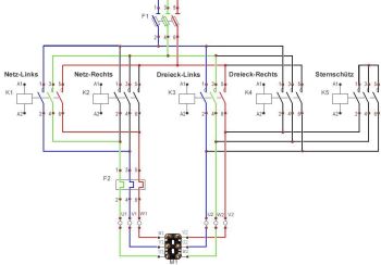 Stern-Dreieck-Wendeschaltung, Dreieck-Linkslauf eingefärbt